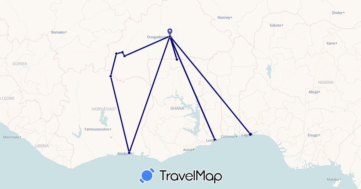 TravelMap itinerary: driving in Burkina Faso, Côte d'Ivoire, Ghana, Nigeria, Togo (Africa)