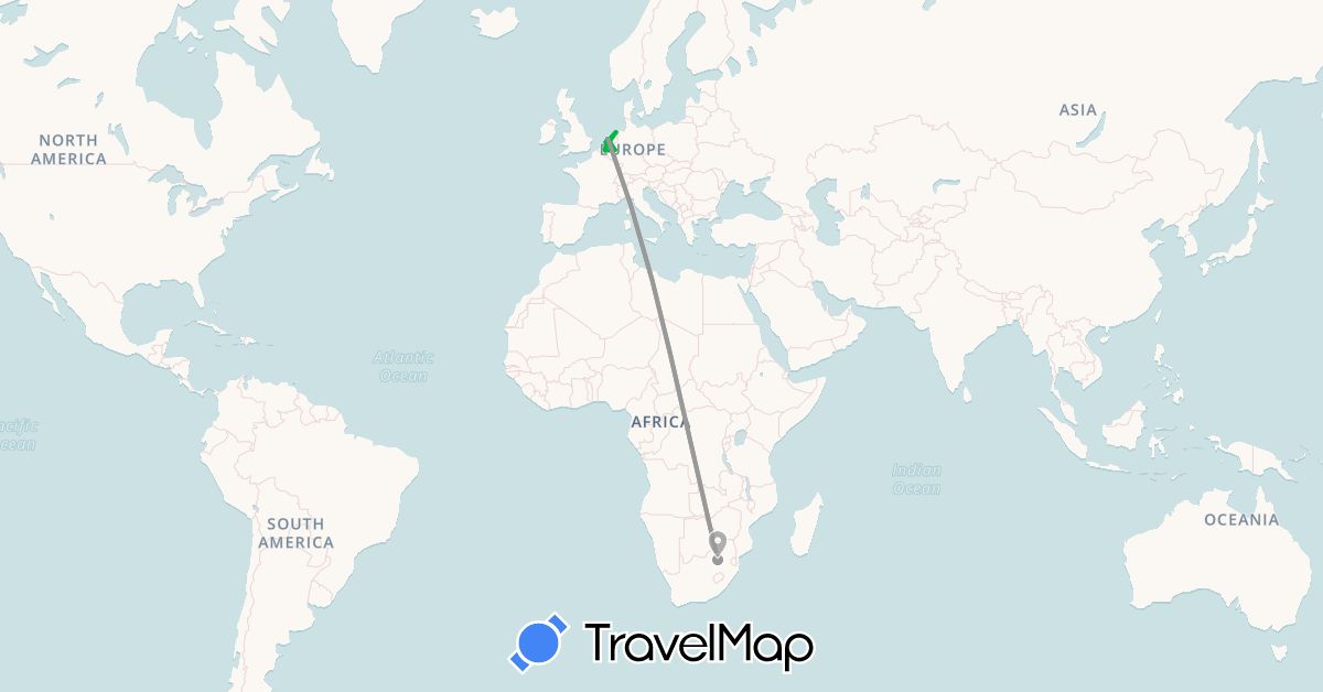 TravelMap itinerary: bus, plane in Belgium, Germany, Netherlands, South Africa (Africa, Europe)
